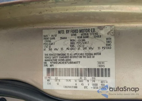 2007 Ford Explorer Xlt из США, поврежденный, VIN 1FMEU63E97UB54077